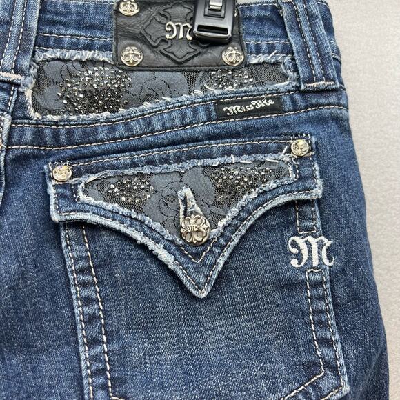 Miss Me Jeans Women's Size 29(8) Bootcut Lace Flap Pockets Double Button Biker - Picture 12 of 16